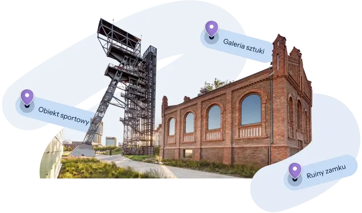 Grafika przedstawiająca industrialną przestrzeń z wieżą szybu kopalnianego i ceglaną zabytkową halą. Na obraz nałożone są trzy etykiety z fioletowymi pinezkami: Obiekt sportowy, Galeria sztuki oraz Ruiny zamku. Tło jest stylizowane, jasnoniebieskie, tworząc abstrakcyjny kształt.