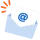 Ikona przedstawiająca białą kopertę z niebieskim symbolem @ i pomarańczową kreską, symbolizująca wiadomość e-mail.